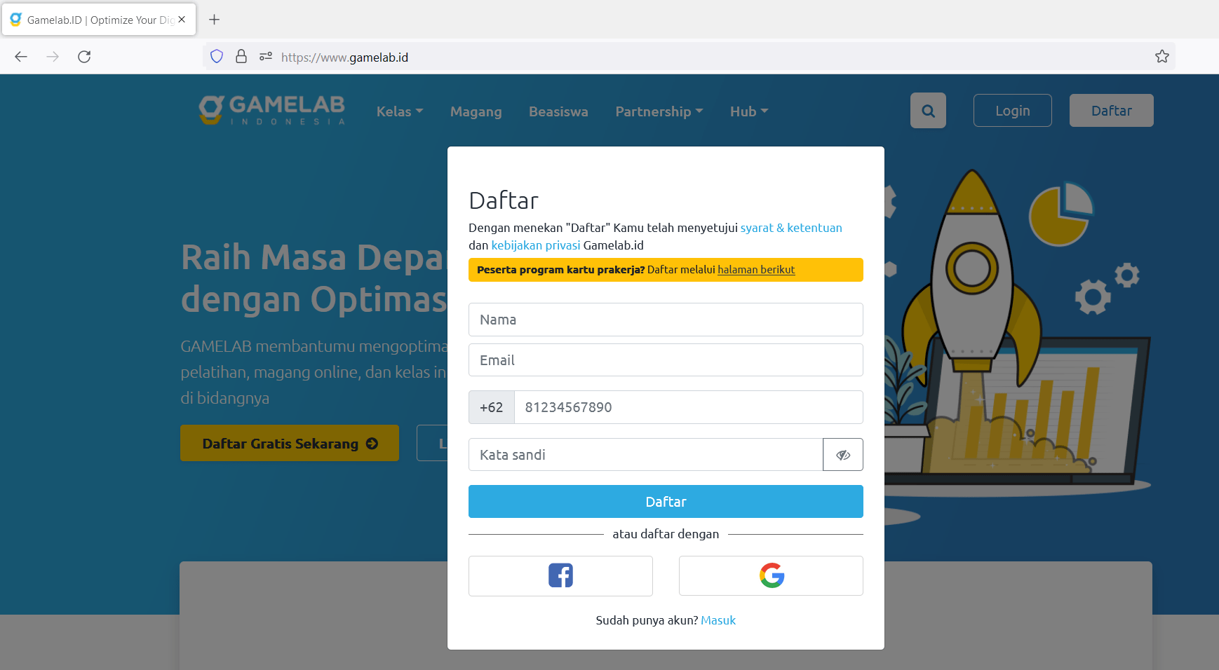Mendaftar akun Gamelab