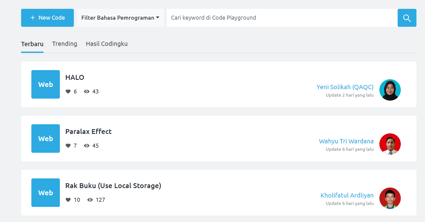 Fitur like dan view pada Code Playground Gamelab