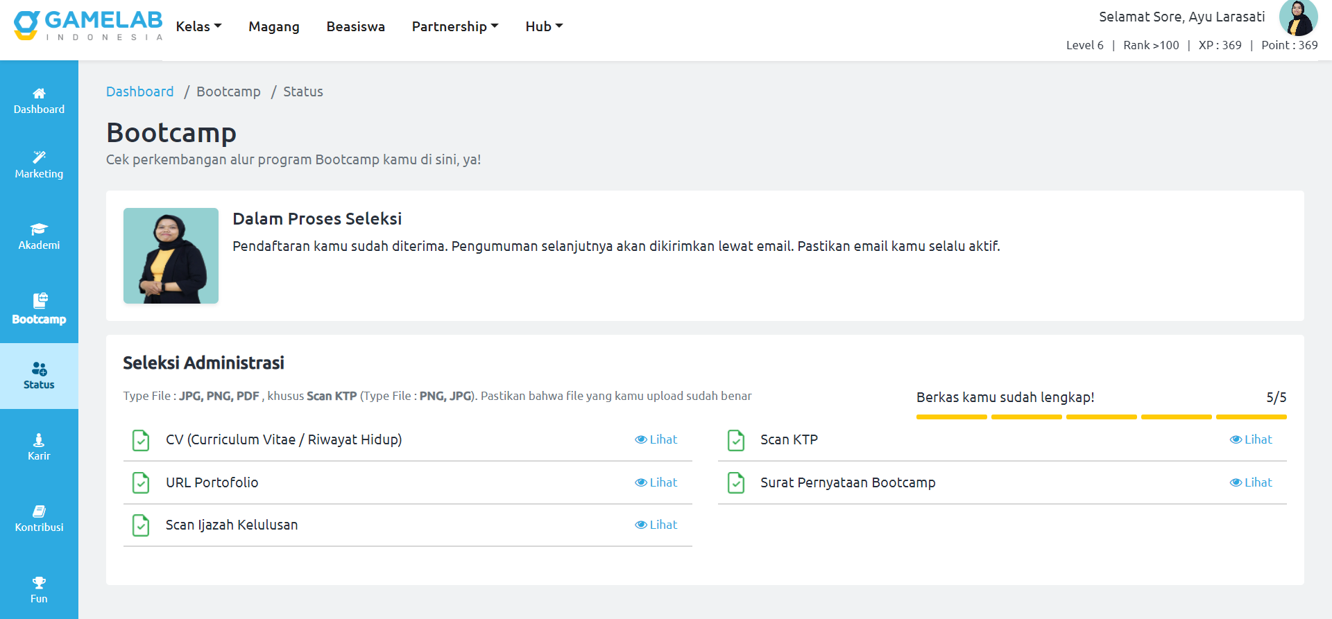 Status perkembangan alur Bootcamp