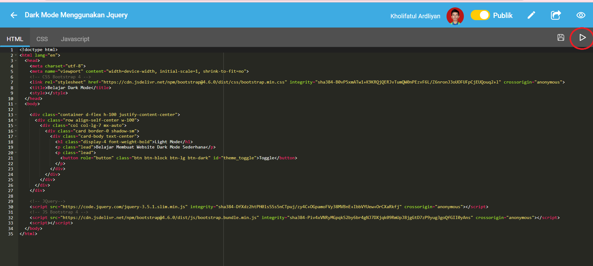 Klik tombol dalam lingkaran merah untuk melihat preview hasil coding