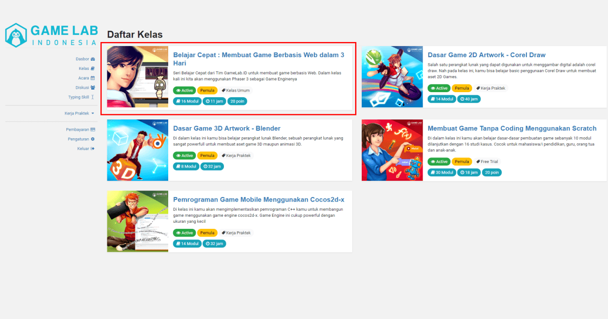 Pilih kelas belajar pembuatan game web