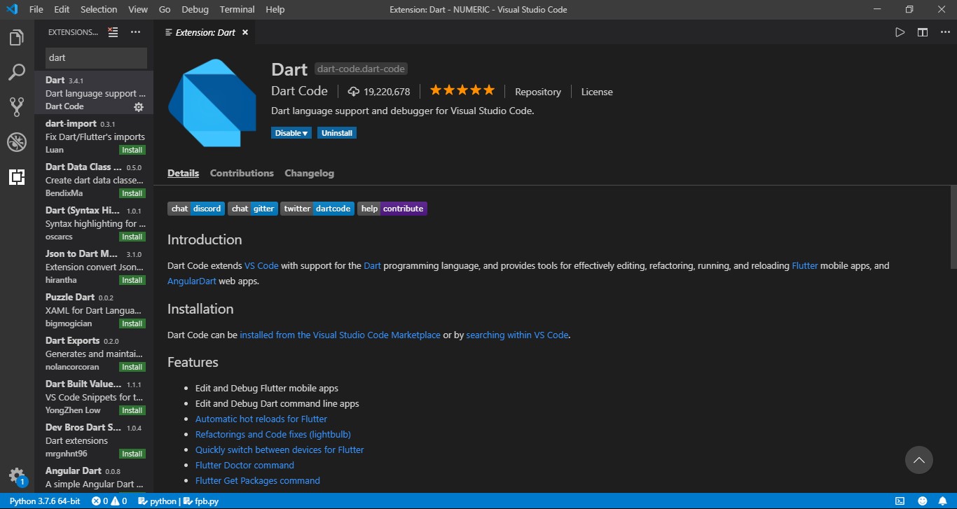 Dart Extension di VS Code