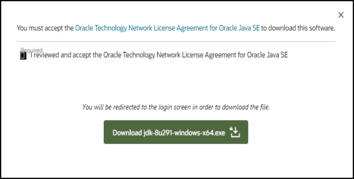 Pop Up License Agreement for Oracle Java SE 