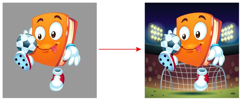 Setelah karakter dipolish, percantik juga dengan background. Saya memberi background gambar stadion yang meriah. 