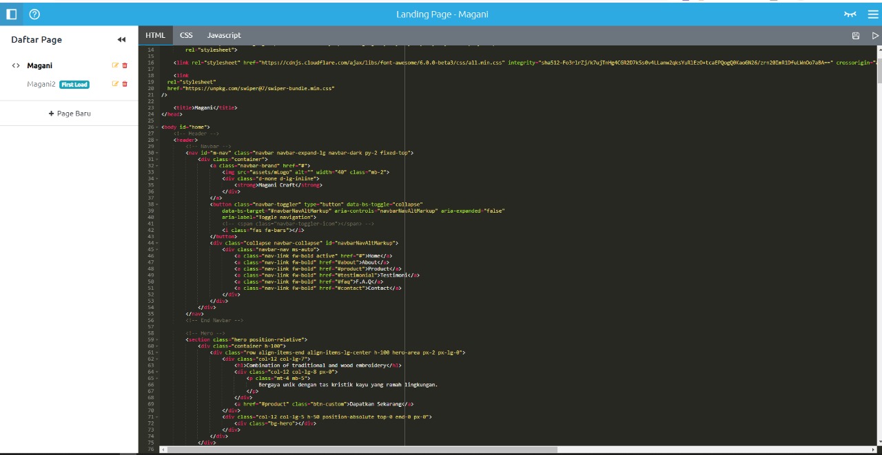 Tampilan Code Editor Web Frontend di Gamelab