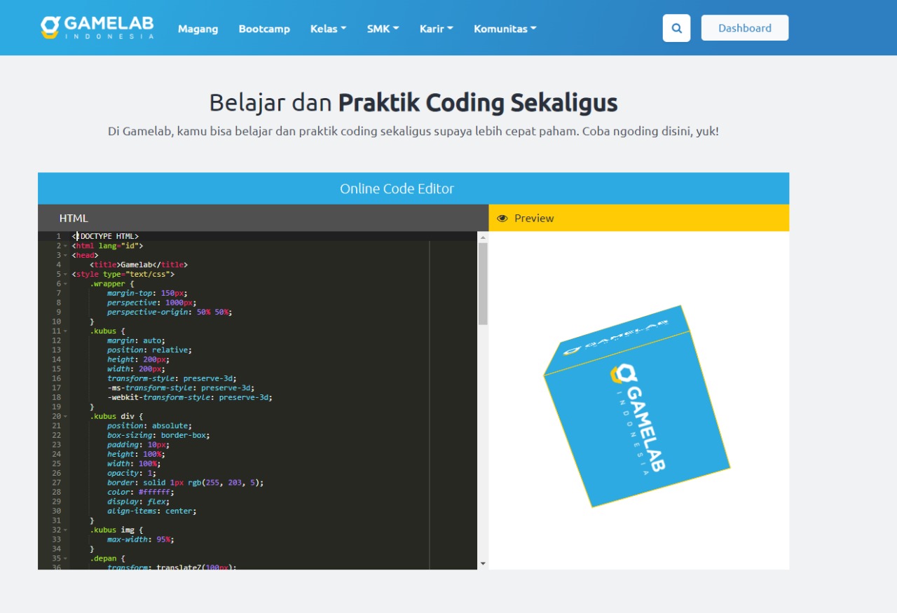 Code Editor Online di Homepage Gamelab